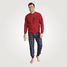 Pyjama long pour hommes en coton, rouge-bleu