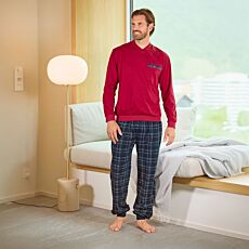 Pyjama long pour hommes en coton, rouge-bleu
