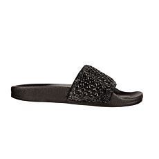 SKECHERS Slide aus feinglänzendem Textil schwarz