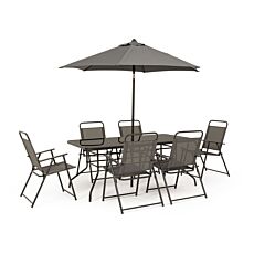 Table avec 6 chaises et parasol