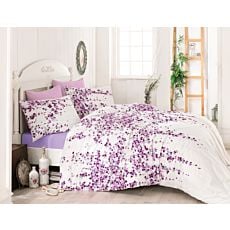 Linge de lit avec motif fleuri violet sur fond blanc