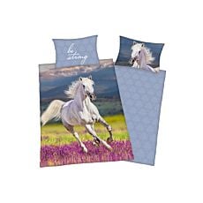 Linge de lit orné d'un cheval blanc sur fond de prairie fleurie