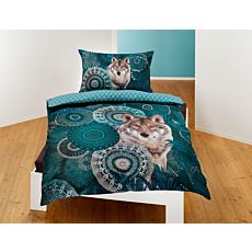 Linge de lit avec motif de mandala et de loup en beaux tons pétrole