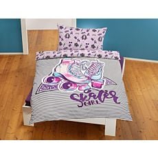 Linge de lit avec patins à roulettes blancs et violets