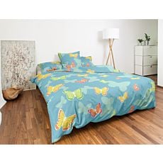 Linge de lit avec papillons multicolores sur fond turquoise
