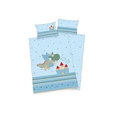 Linge de lit avec petit dragon volant sur fond bleu clair