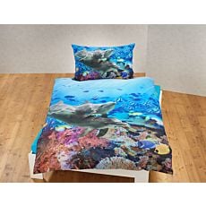 Linge de lit avec famille de dauphins et récif de coraux multicolores