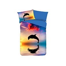 Linge de lit avec dauphin sautant devant un coucher de soleil