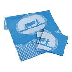 Linge de cuisine jacquard avec armailli et vache, en bleu-blanc, lot de 3