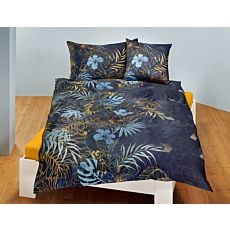 Bettwäsche mit blau-goldenen Farnen und Blüten