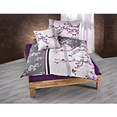 Linge de lit orné de fleurs de cerisier, en violet-anthracite