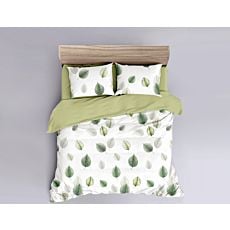 Linge de lit blanc agrémenté de feuilles vertes