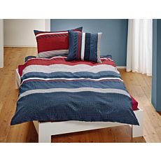 Linge de lit à rayures, en rouge et gris
