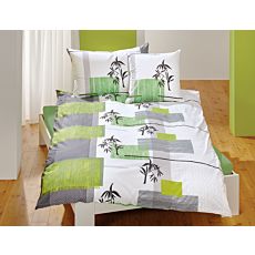 Linge de lit à motif de carrés en gris-vert et bambou noir