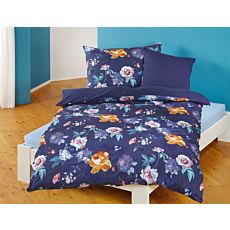 Bettwäsche mit floralem Muster auf dunkelblauem Untergrund