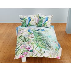 Linge de lit au motif fleuri orné d'un paon