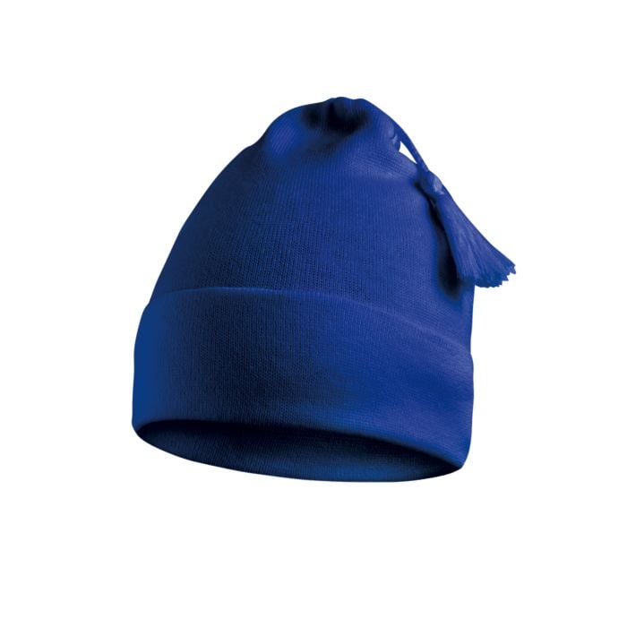 Grand bonnet de laine tricoté à pompon bleu foncé. Accessoire d