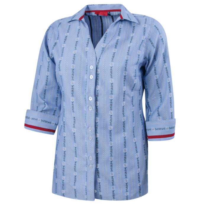3/4-Arm Damen Edelweissbluse mit Kragen hellblau