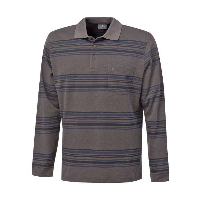 Image of Ragman Herren Softknitpolo Streifen Langarm, trüffel bei Lehner Versand Schweiz