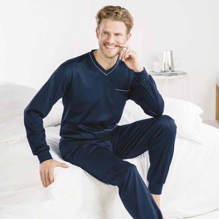 ISA Herren Langarm-Pyjama mit V-Ausschnitt