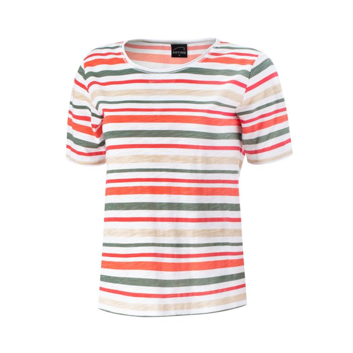 Image of Artime Gestreiftes Rundhals T-Shirt mit kleinen Seitenschlitzen, koralle, XXL bei Lehner Versand Schweiz
