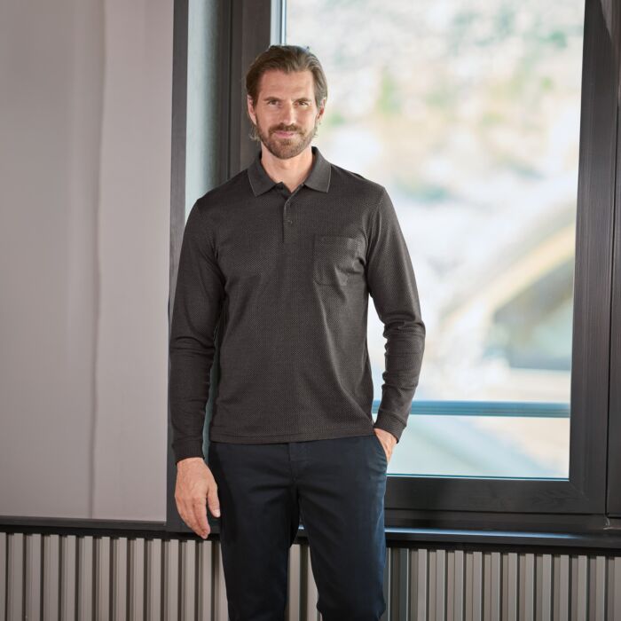 Ragman Herren Polo langarm Jacquard