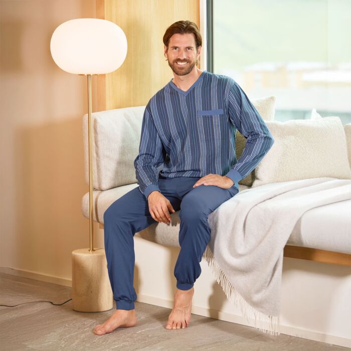 Pyjama long en coton pour hommes, bleu