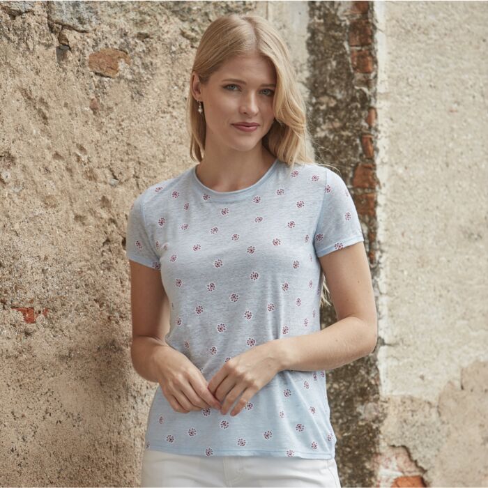 Leinen T-Shirt mit Allover-Print und Rundhalsausschnitt