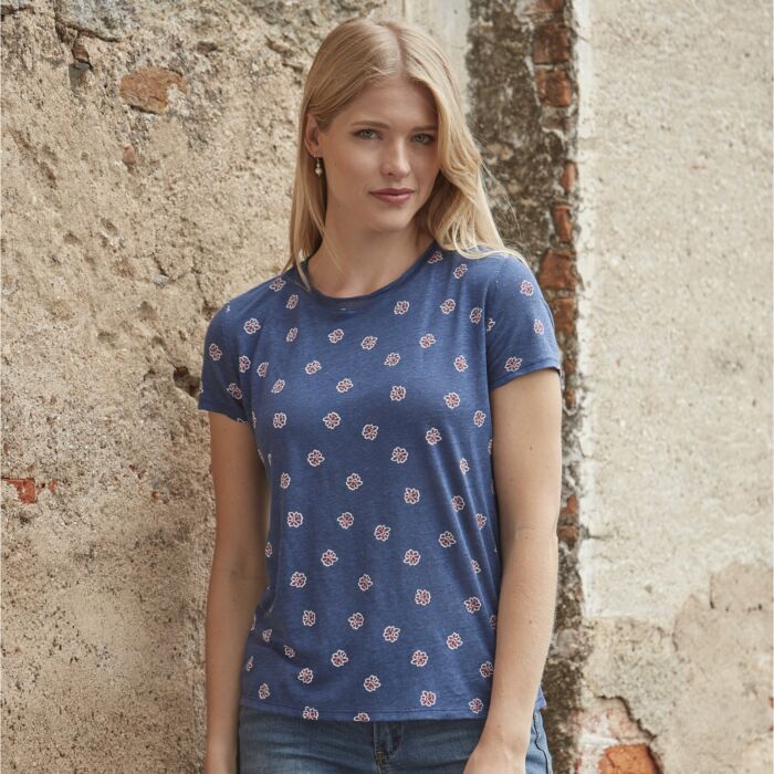 Leinen T-Shirt mit Allover-Print und Rundhalsausschnitt
