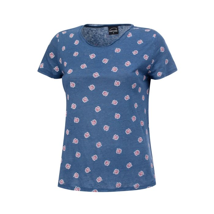 Leinen T-Shirt mit Allover-Print und Rundhalsausschnitt