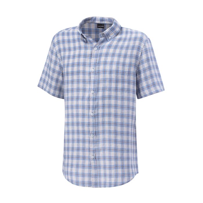 Kariertes Kurzarmhemd aus Leinen blau-beige