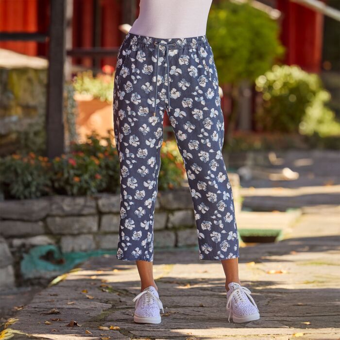 Pantalon en lin avec impression all-over, idéal pour l'été