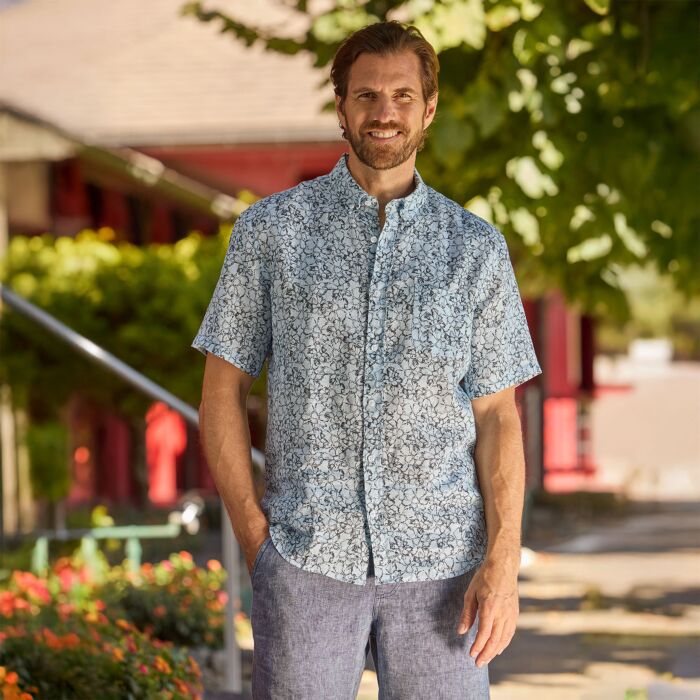 Chemise à manches courtes imprimée avec poche poitrine en lin