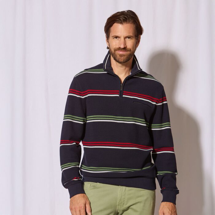 Pull camionneur rayé pour hommes avec fermeture éclair