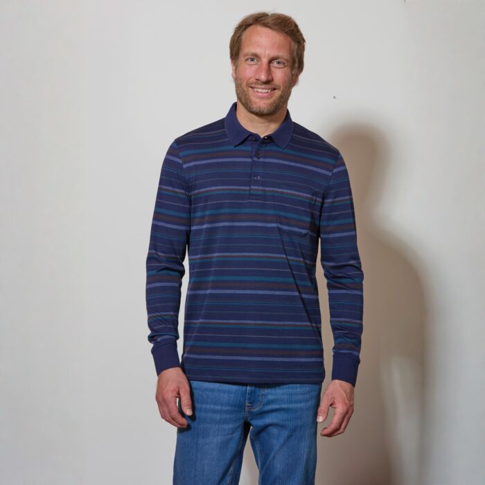 Gestreiftes Langarm Poloshirt mit Brusttasche