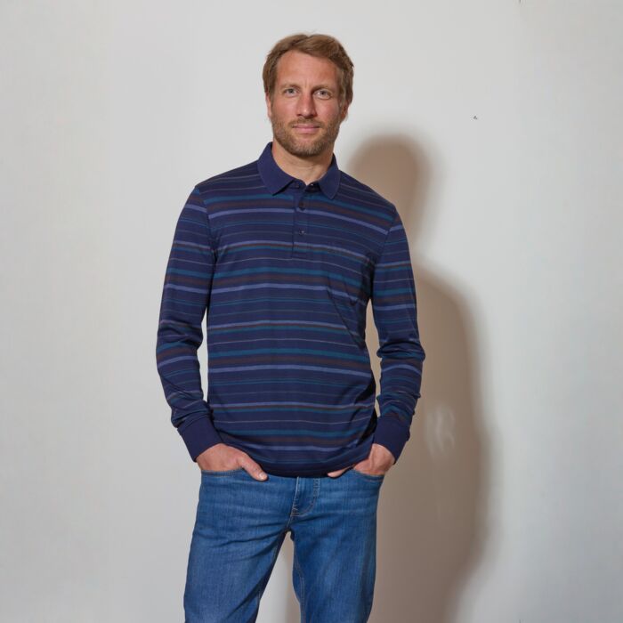 Gestreiftes Langarm Poloshirt mit Brusttasche