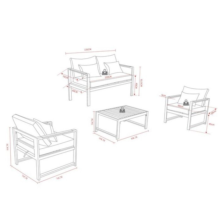 Salon de jardin Noa, 4 éléments, piètements en aluminium