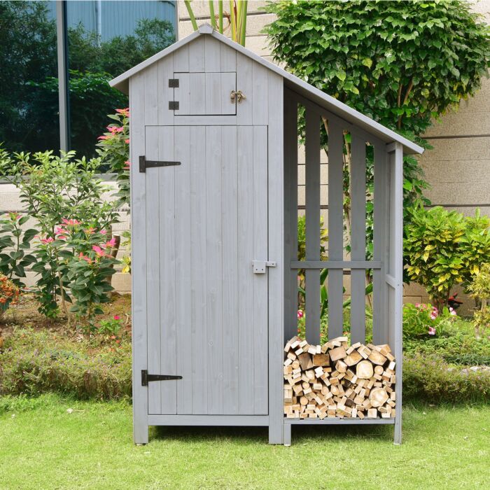 Abri de jardin en bois avec 1 porte, 3 étagères et compartiment ouvert