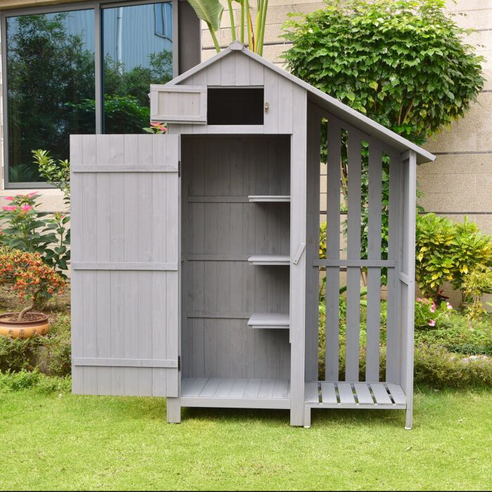 Abri de jardin en bois avec 1 porte, 3 étagères et compartiment ouvert