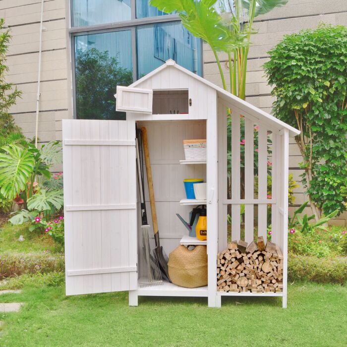 Abri de jardin en bois avec 1 porte, 3 étagères et compartiment ouvert