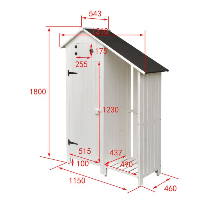 Abri de jardin en bois avec 1 porte, 3 étagères et compartiment ouvert