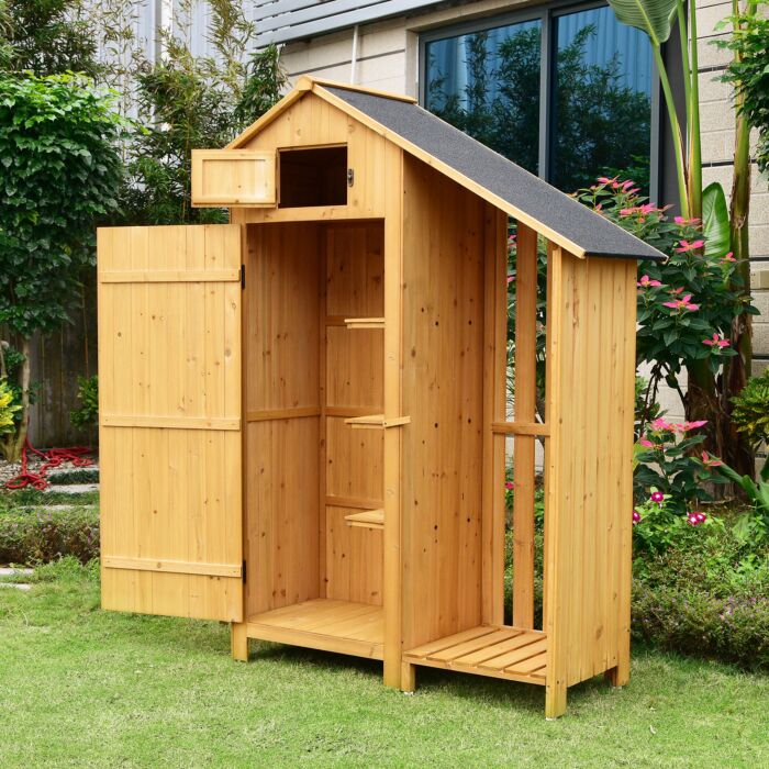Abri de jardin en bois avec 1 porte, 3 étagères et compartiment ouvert