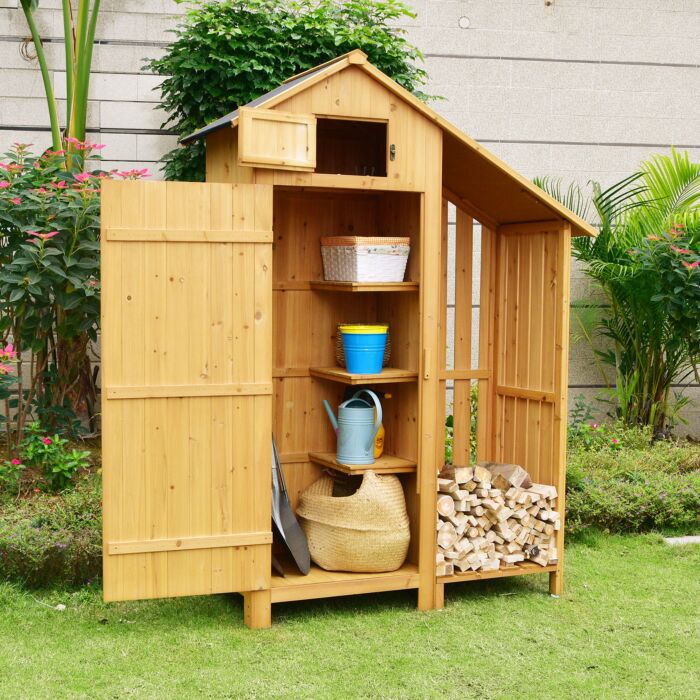 Abri de jardin en bois avec 1 porte, 3 étagères et compartiment ouvert