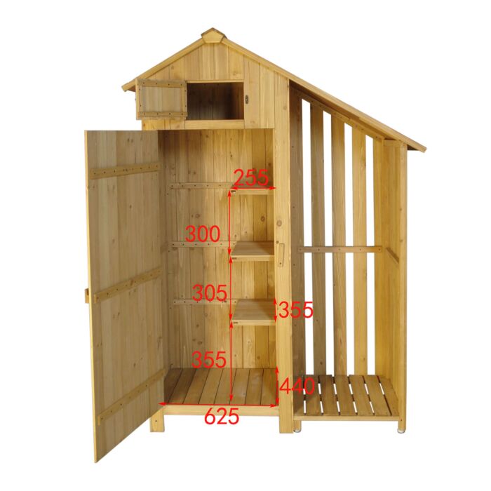 Abri de jardin en bois avec 1 porte, 3 étagères et compartiment ouvert