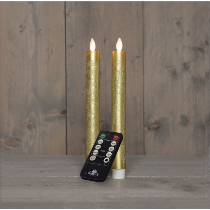 Set de 2 bougies bâton, alimenté par batterie, cire véritable, doré