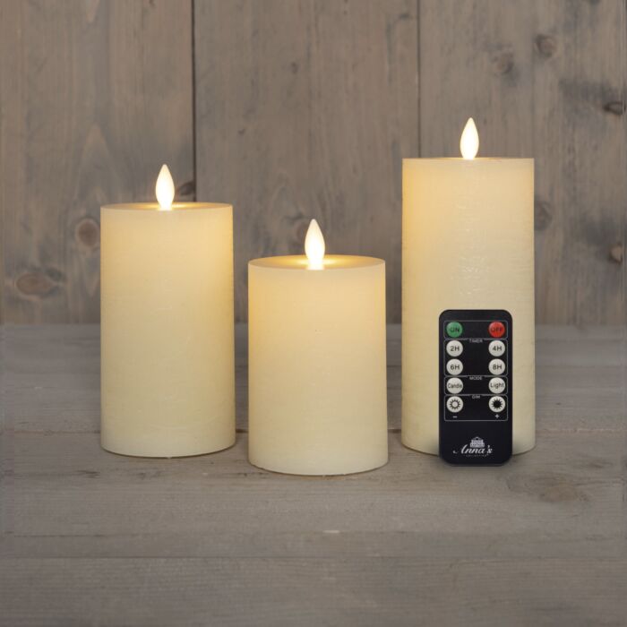 Set de 3 bougies - alimenté par batterie, cire véritable, ivoire