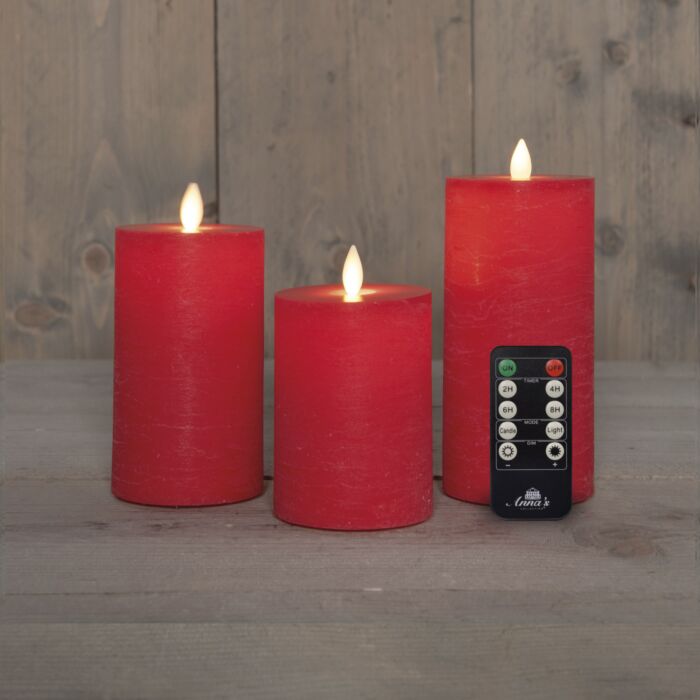 Bougies, set de 3, cire véritable, alimenté par batterie, rouge