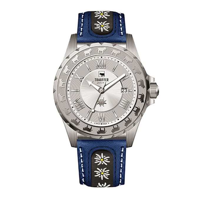 Trauffer montre pour hommes avec bracelet en cuir PU avec edelweiss bleu main product photo