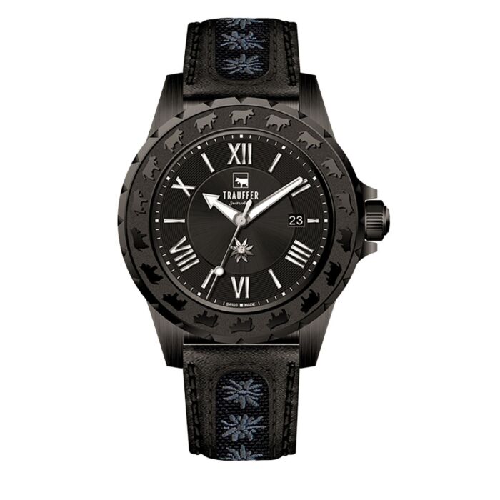 Trauffer montre pour hommes avec bracelet en cuir Pu et edelweiss noir main product photo