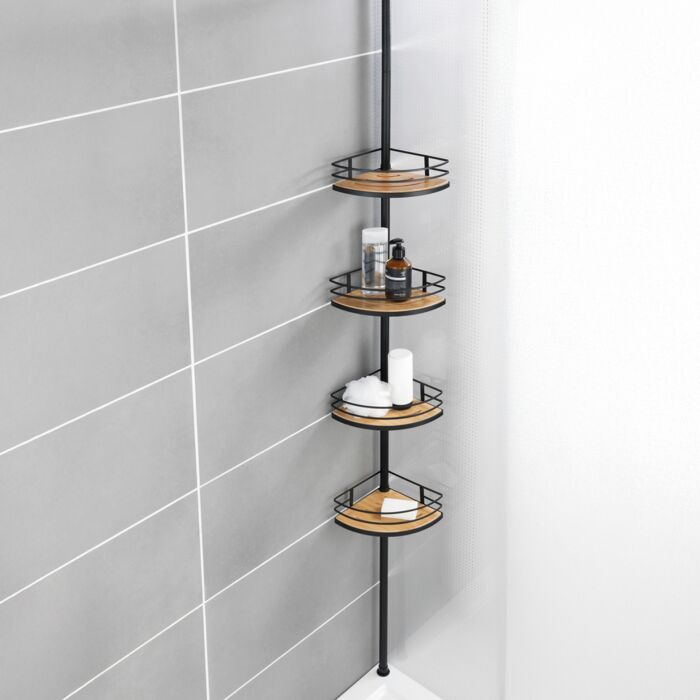 Étagère d'angle télescopique Dolcedo, en bambou & acier inoxydable